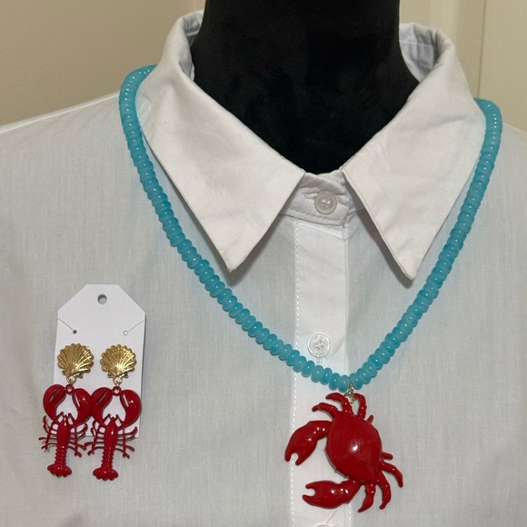 Jewelry - Red Crab Necklace and Lobster Earrings Set NEW
